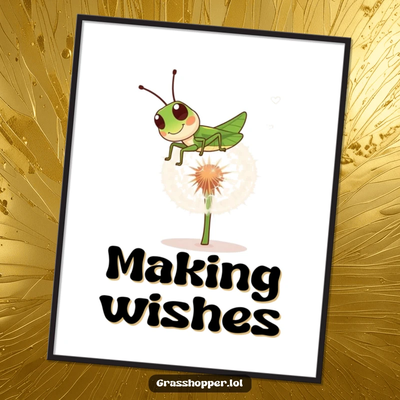 Funny grasshopper poster illustrating a playful insect bouncing on a dandelion puff, adding cheerful humor to any room.