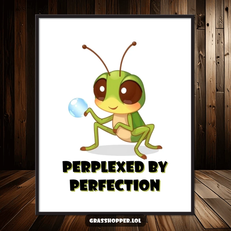 Funny grasshopper poster illustrating a curious insect with wide eyes inspecting a dewdrop, adding gentle humor.