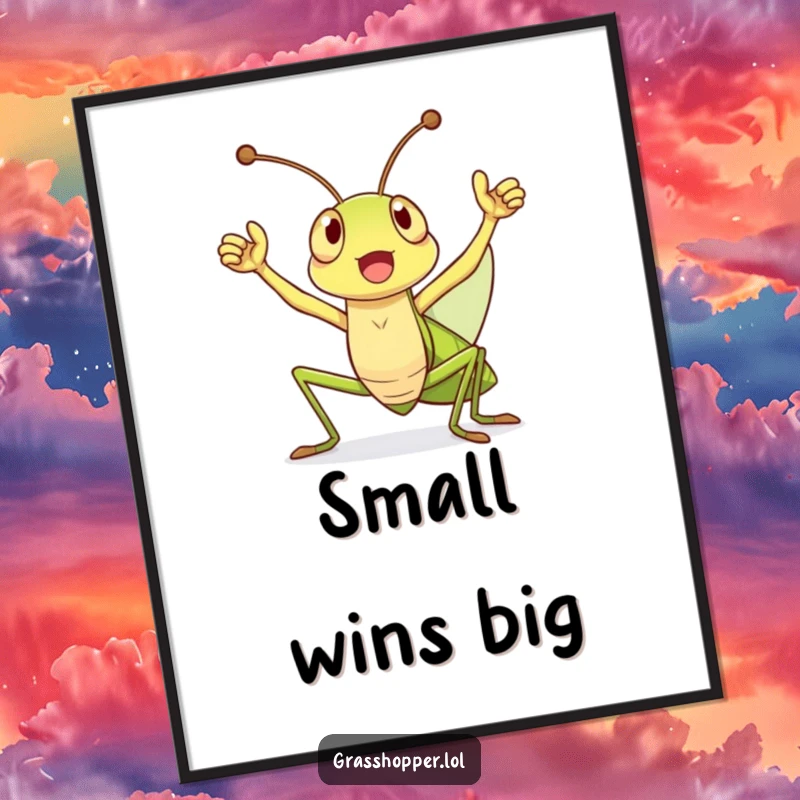 Funny Poster displaying a jubilant grasshopper with antennae raised high, cheering enthusiastically to celebrate a victory.