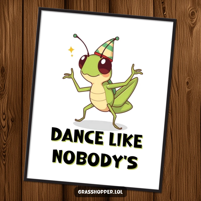 Funny kawaii grasshopper wearing a small hat, performing a jubilant dance, presented as cheerful wall art.