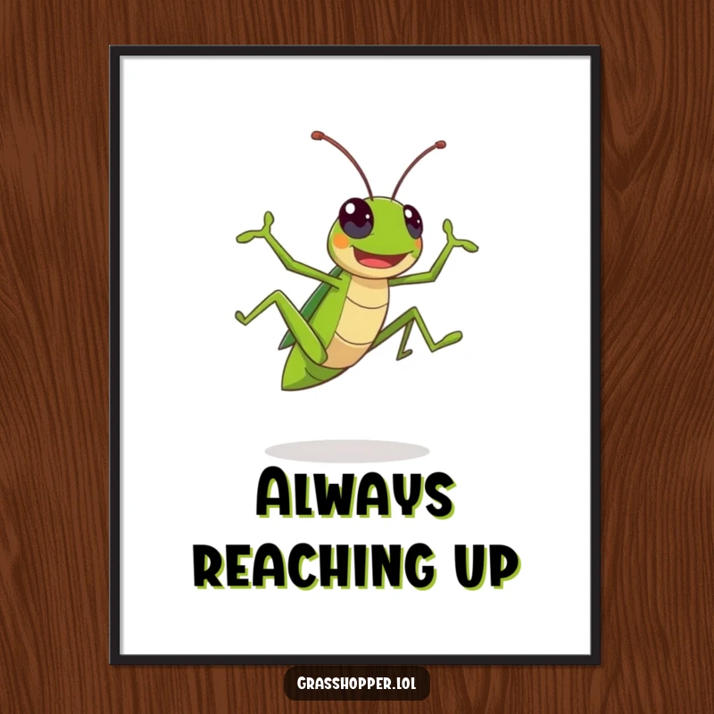 Funny Kawaii Grasshopper Poster: A dynamic illustration of a happy insect leaping, adding funny, artistic flair to any wall.