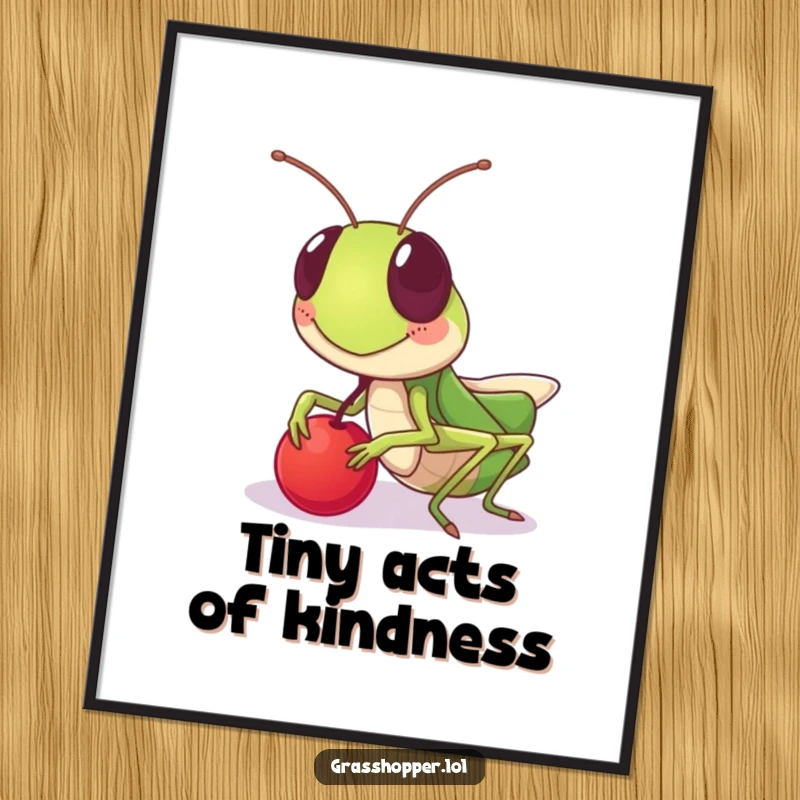 Funny grasshopper poster, with a friendly grin, sharing a tiny berry, perfect for adding warmth and humor, a funny gift.