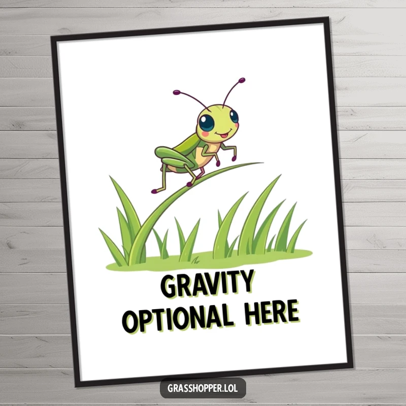 Funny kawaii grasshopper dynamically bouncing on a springy blade of grass, high-energy illustration, vibrant poster gift.