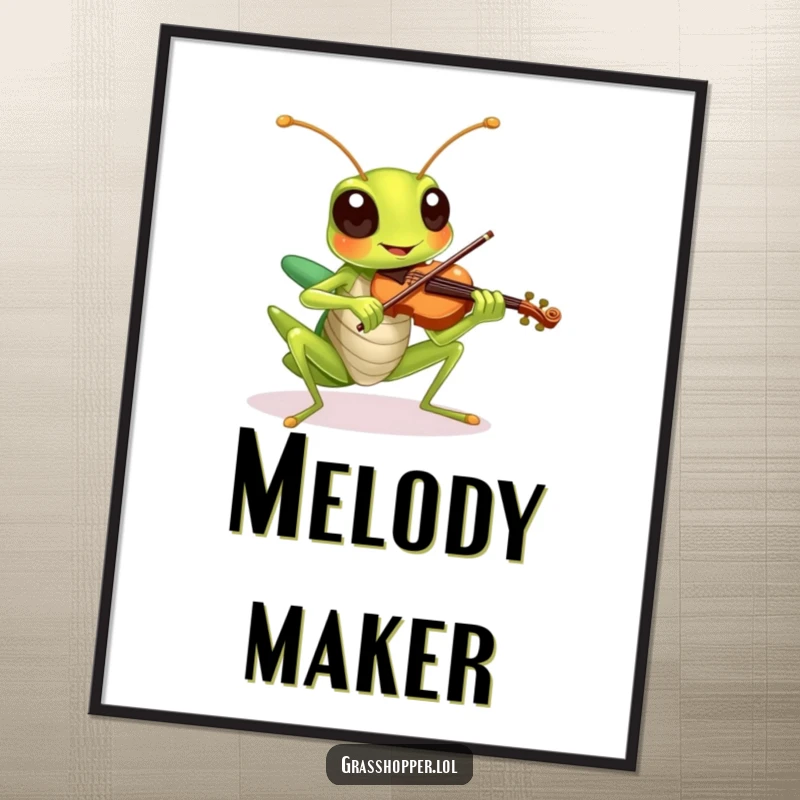 A cheerful grasshopper plays a tiny violin, presented as delightful wall art.