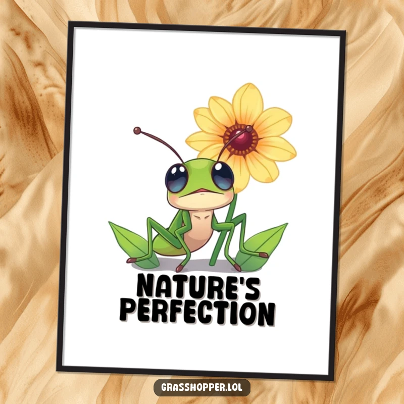 Funny grasshopper poster, eyes wide with awe and wonder, looking up at a grand, magnificent flower.