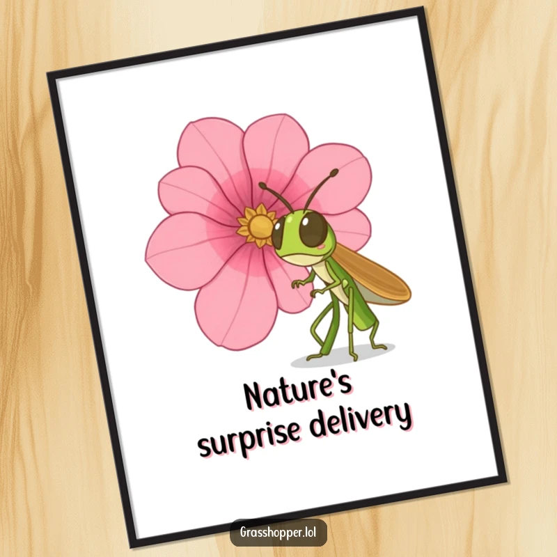 Funny grasshopper poster, illustrating surprise at a giant falling flower petal, perfect for adding humor to wall decor, funny gift.
