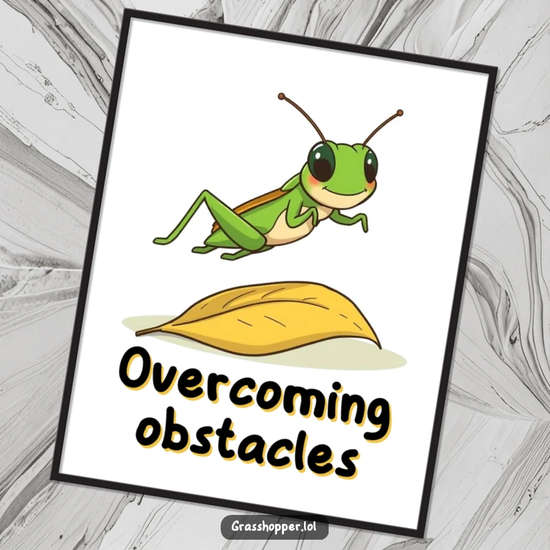 Funny grasshopper captured mid-leap over a fallen leaf, dynamic illustration, wall art poster gift.