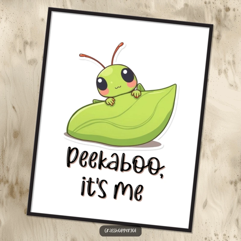 Funny kawaii grasshopper peeking from behind a large leaf, a cute and whimsical piece of wall art for your home.