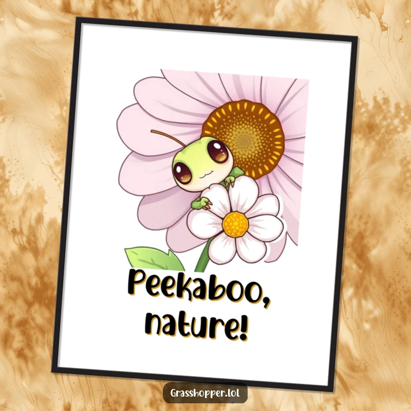 Funny grasshopper peeking from behind a flower, whimsical art print, playful insect illustration, humorous wall decor.