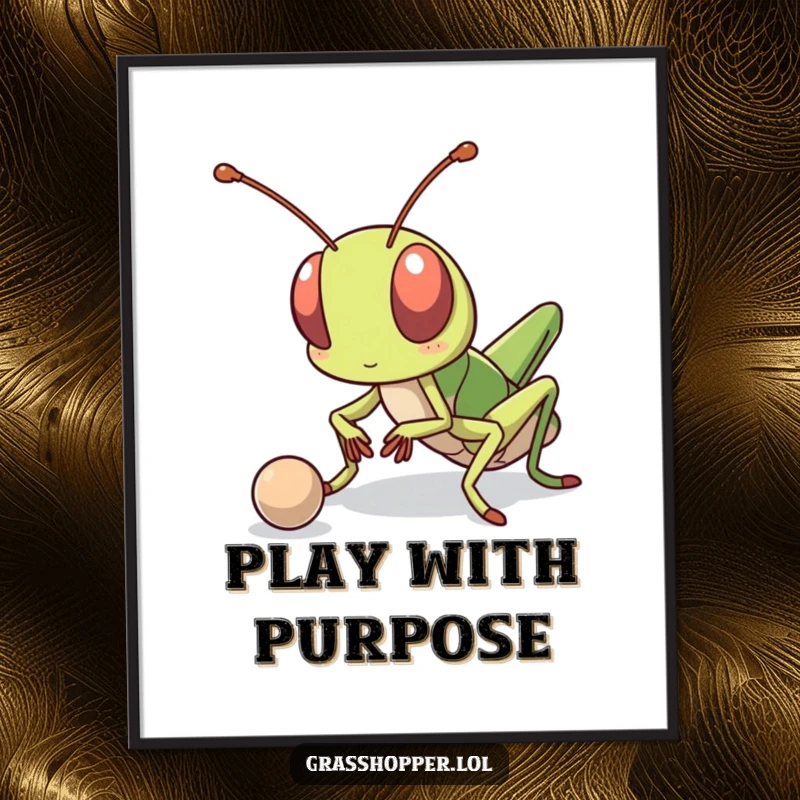 Funny kawaii grasshopper with a determined expression, focused on bouncing a small ball, presented as motivational wall art.