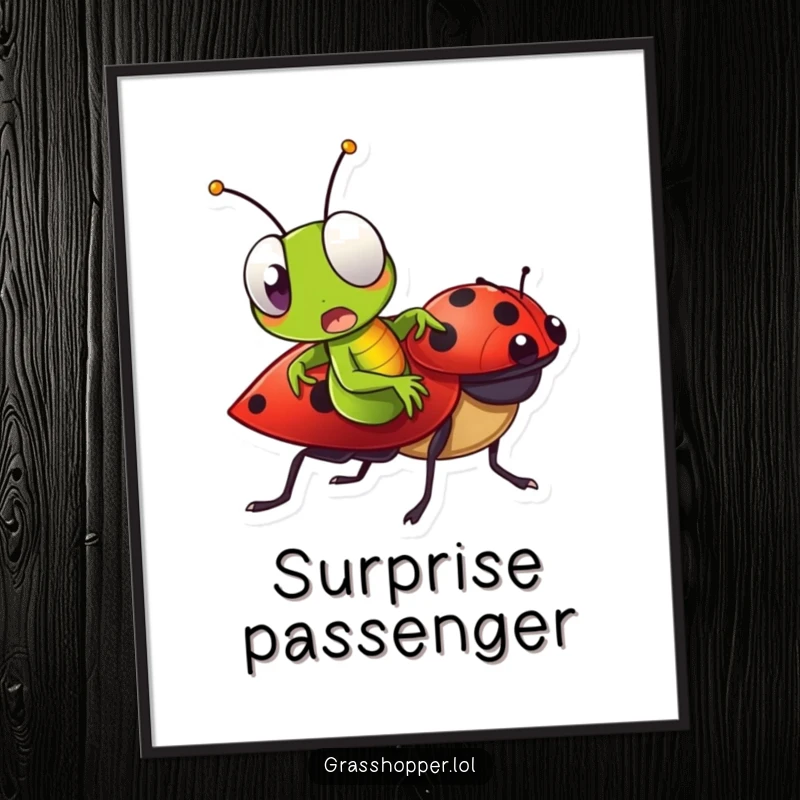 Funny Grasshopper Poster showing a grasshopper with a surprised expression riding a ladybug, adding comedic art.