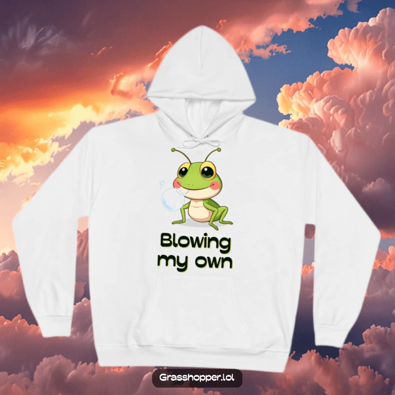 Funny grasshopper joyfully blowing a bubble, depicted on a soft hoodie, creating a lighthearted and humorous visual.