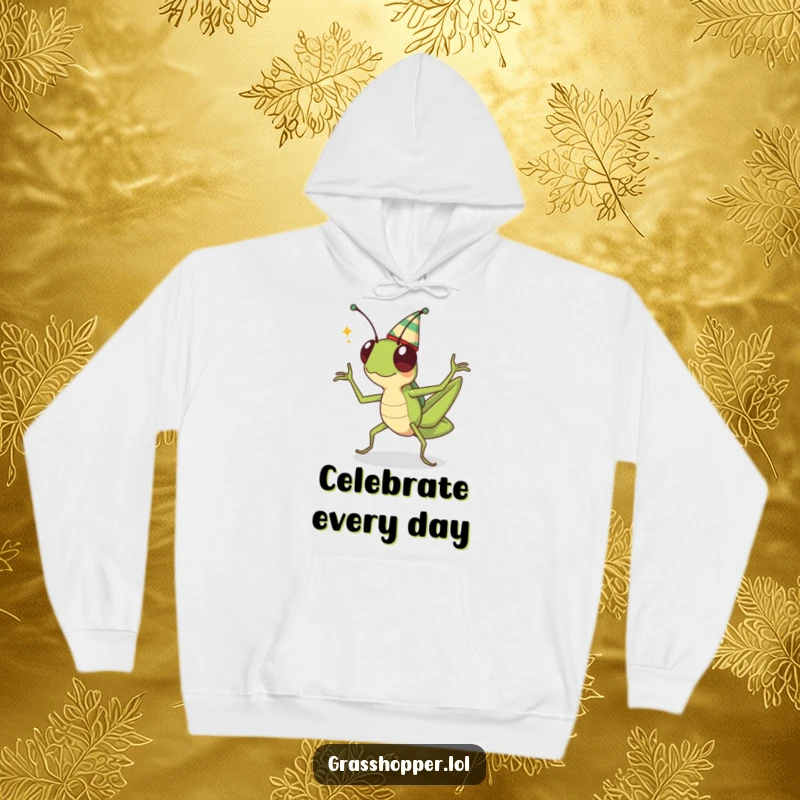 Funny kawaii grasshopper wearing a tiny hat, doing a lively dance, featured on a warm and cozy hoodie.