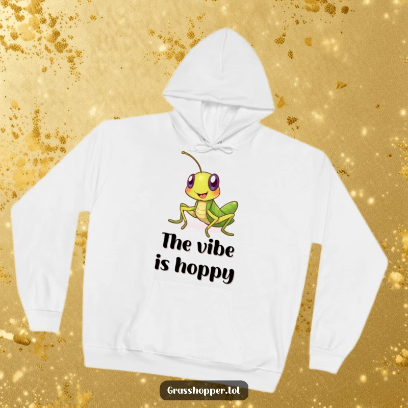 Funny grasshopper hoodie showcasing a big-hearted, smiling insect extending a warm invitation. A cozy and hilarious item for any fan of funny gifts.