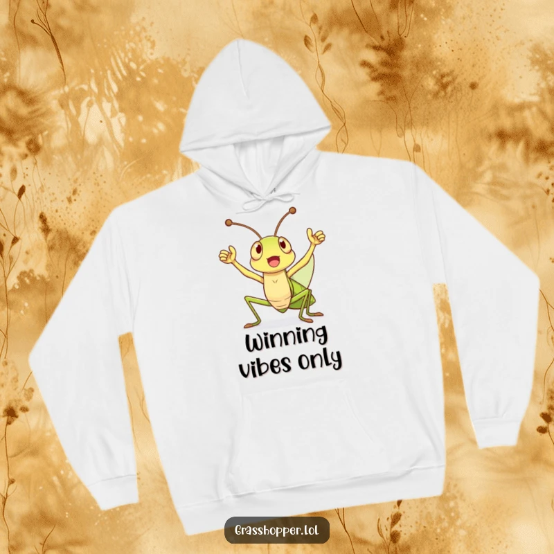 Funny Hoodie featuring a happy grasshopper cheering with antennae raised high, symbolizing a joyous victory and cozy comfort.