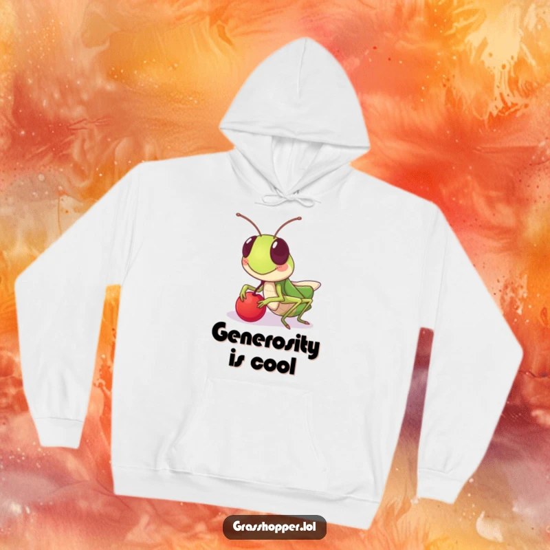 Funny sharing grasshopper hoodie, with a friendly grin, offering a berry, ideal for cozy moments, a funny gift.