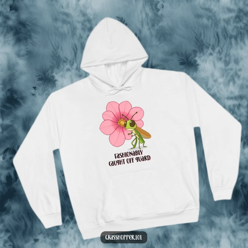 Funny surprised grasshopper hoodie, depicting shock at a falling flower petal, ideal for comfort and laughs, a funny gift.