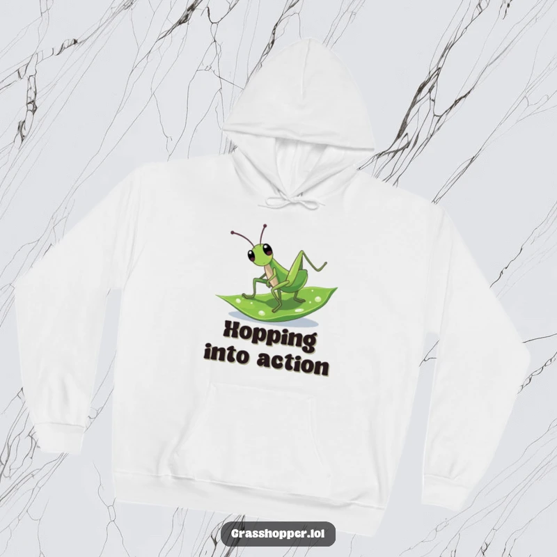 Funny Hoodie: A green grasshopper performing a cartwheel on a dewy leaf, embodying playful energy.