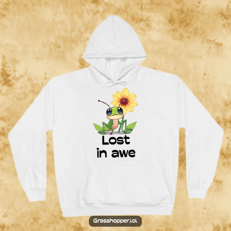 Funny grasshopper hoodie, eyes wide with wonder, gazing upwards at a stunningly beautiful, large flower.