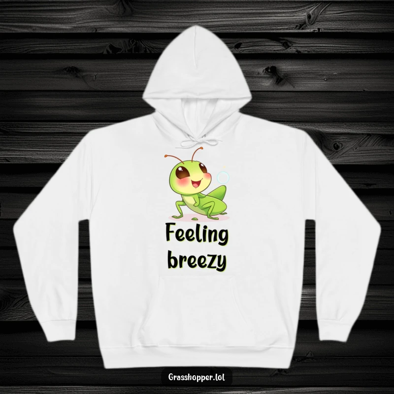 Funny grasshopper hoodie featuring a cute, giggling insect blowing a small bubble, offering warmth and humorous style.