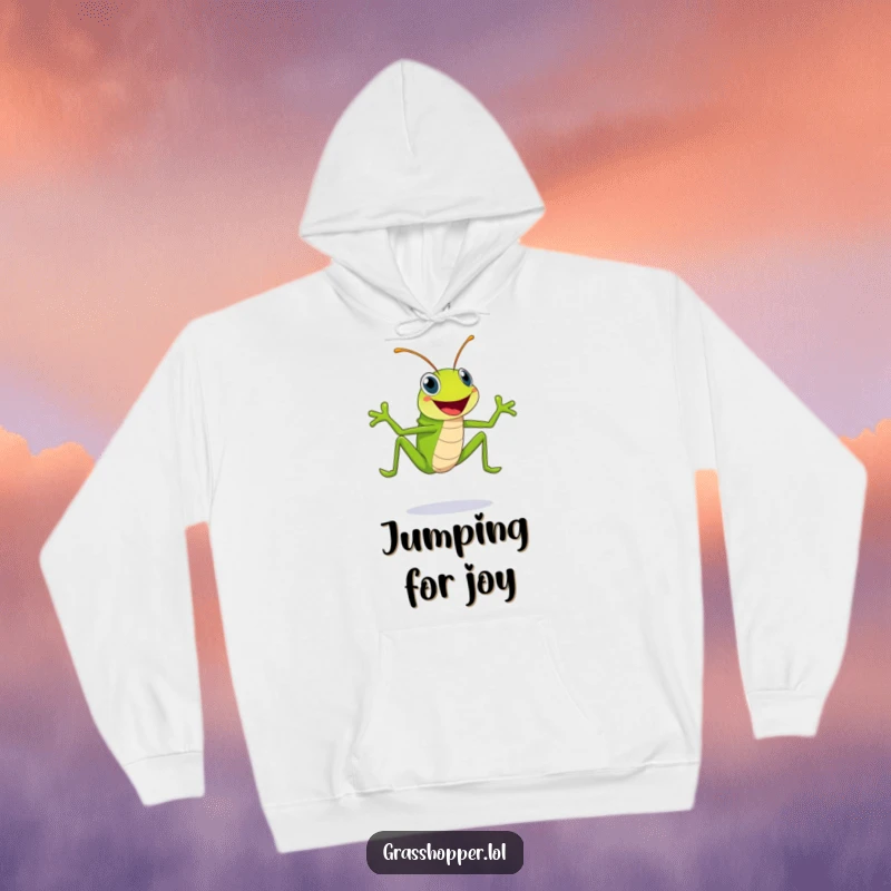 Funny, bright green grasshopper sporting a huge smile, captured in a dynamic leap, on this soft and humorous hoodie.