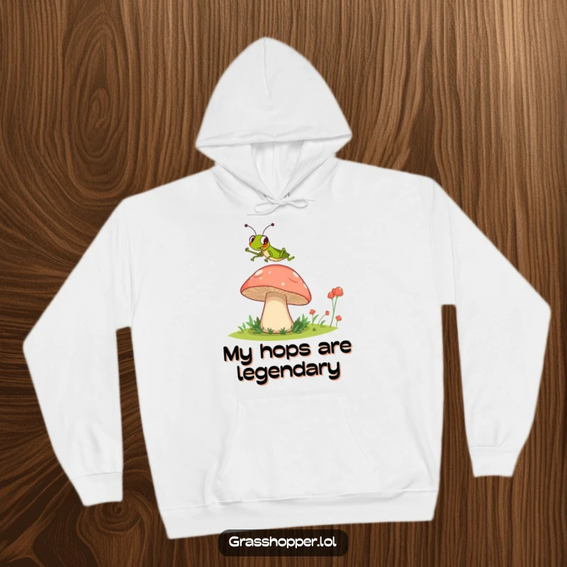 Funny Grasshopper Hoodie illustrating a grasshopper's exciting jump over a huge mushroom, perfect for outdoor fun.