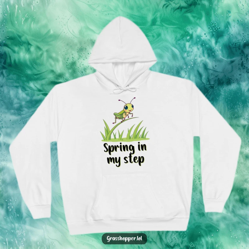 Funny kawaii grasshopper energetically bouncing on a springy green blade of grass, detailed and cute, cozy hoodie gift.