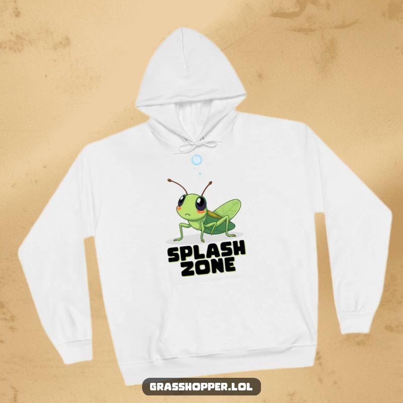 Funny kawaii grasshopper hoodie depicting a grasshopper surprised by a dewdrop, perfect for cozy, humorous wear.