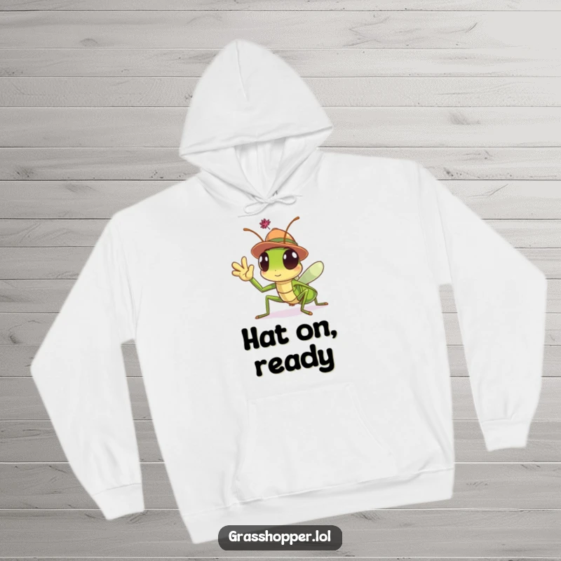 Funny Grasshopper Hoodie featuring a cute, hat-wearing insect waving hello, perfect for cozy moments and lighthearted fun.