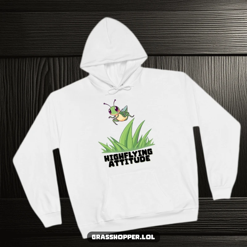 Funny Grasshopper Hoodie depicting a happy grasshopper joyfully leaping over a blade of grass, perfect for comfortable, energetic days.