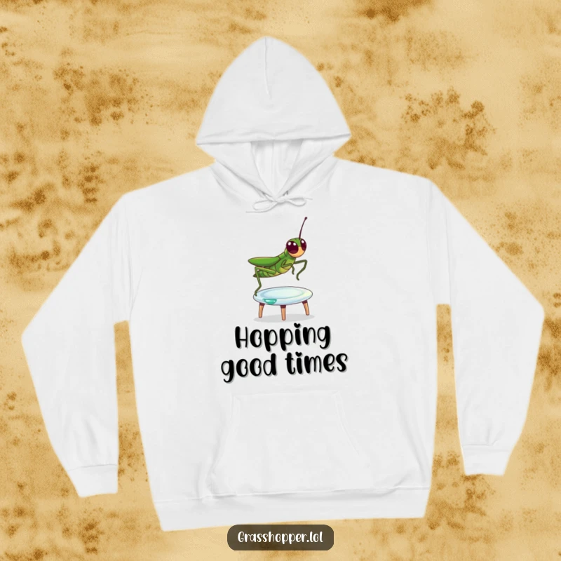 Funny Hoodie featuring a happy grasshopper playfully bouncing on a dewdrop, designed for cozy and cheerful days.