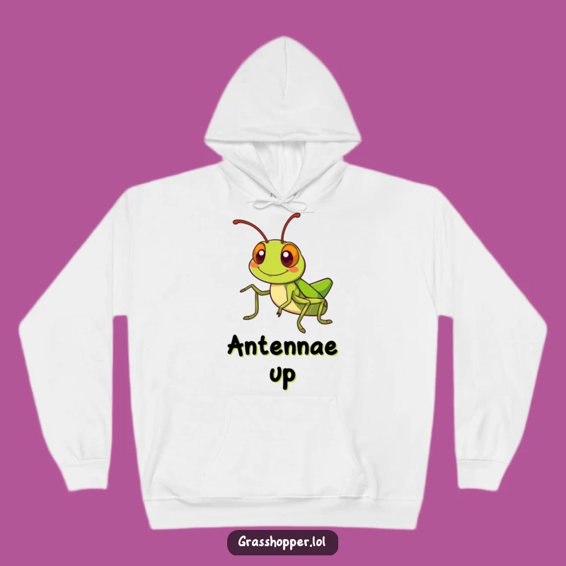 Kawaii Grasshopper Hoodie: Silly Grin Antennae Wave, Cozy Cute Fun Gift!