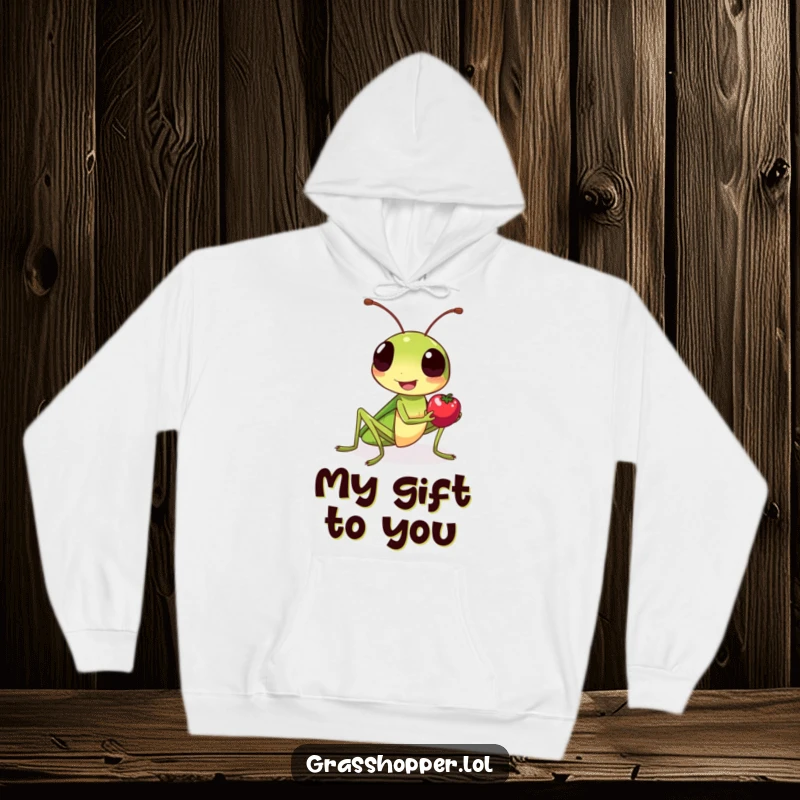 Funny grasshopper hoodie, with a warm smile, offering a small berry, radiating friendliness and kindness.