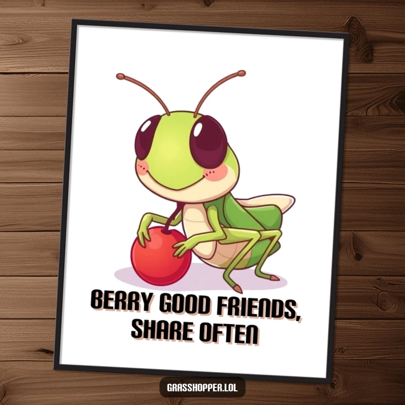 Funny Free Printable Wall Art: A grasshopper offers a tiny berry with a warm, friendly grin, radiating kindness and simple joy.