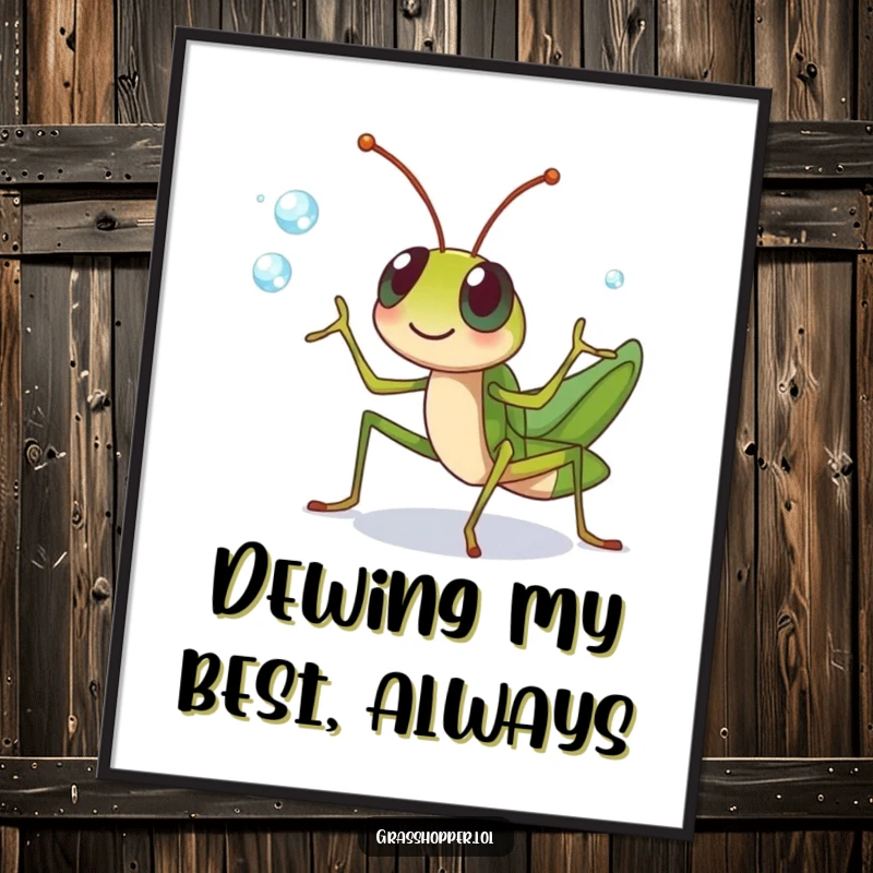 Funny Free Printable Wall Art: Grasshopper cheerfully juggling dewdrops with its legs, depicting a whimsical and shiny scene of natural talent.