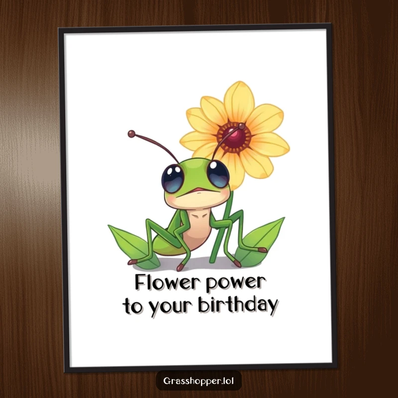 Funny Free Printable Wall Art: Grasshopper with wide eyes looking up at a magnificent flower. Nature appreciation decor.