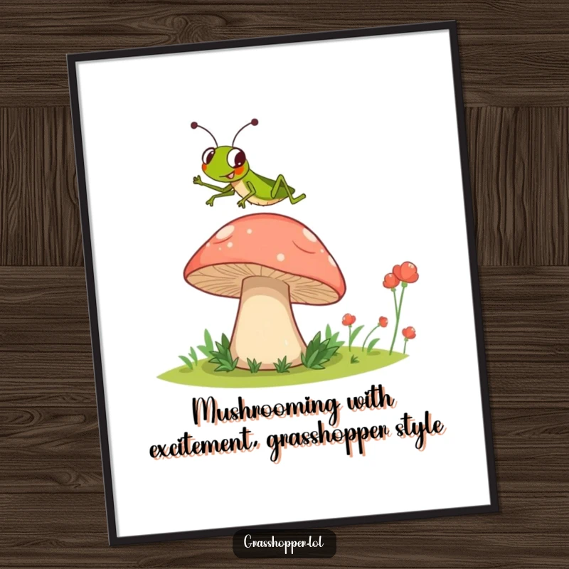 Funny Free Printable Grasshopper Wall Art: Lively grasshopper mid-jump over a giant mushroom, bringing downloadable humor to any room.