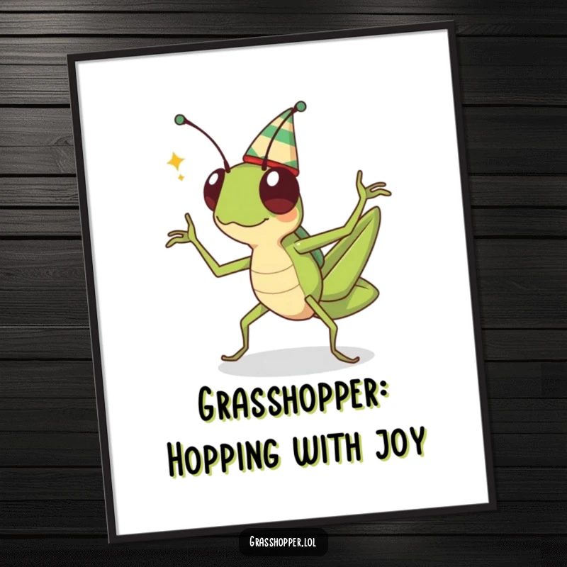 Funny free printable wall art: A kawaii grasshopper wearing a tiny hat is captured mid-celebration dance with energetic, joyful movements.