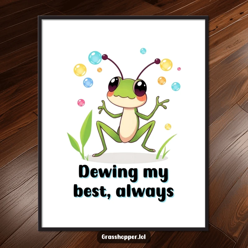Funny Free Printable Wall Art: A grasshopper delightedly juggles colorful, shimmering dewdrops, adding a magical and whimsical touch.