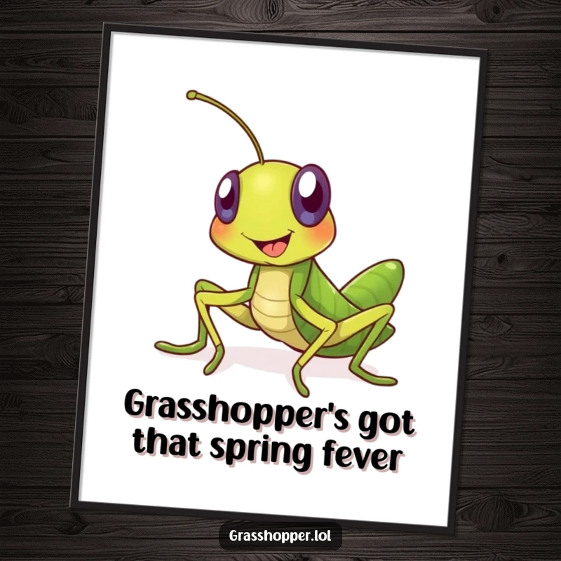Funny Free Printable Wall Art depicting a big-grinned grasshopper joyfully inviting others to join, bringing a whimsical and humorous vibe to any space.