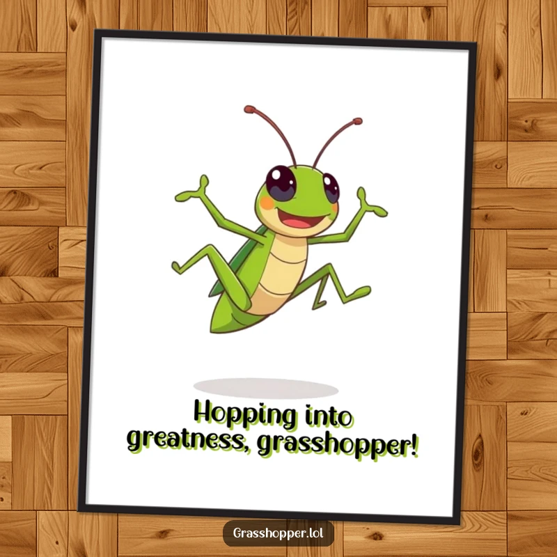 Funny Free Printable Wall Art: A whimsical kawaii grasshopper caught mid-air, leaping with boundless joy and vibrant spirit.