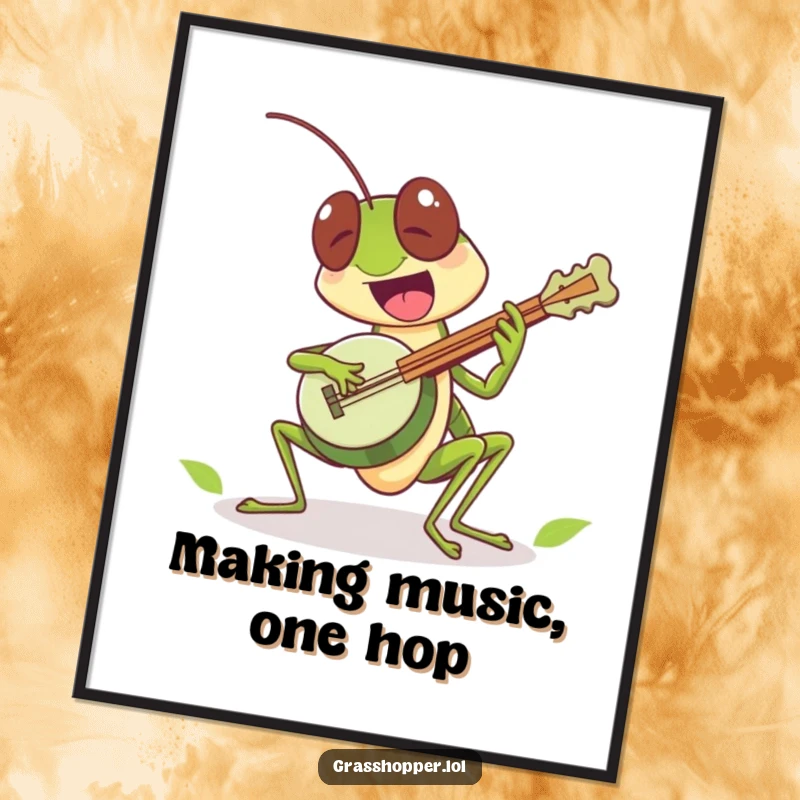 Funny Free Printable Wall Art: Grasshopper excitedly playing a tiny leaf banjo, creating a lively and humorous scene of natural music.