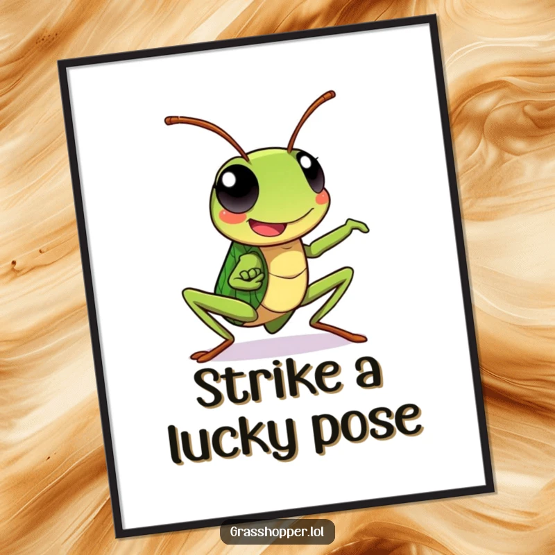 Funny Free Printable Wall Art: Kawaii grasshopper with a happy expression striking a dynamic, action-ready pose. Exciting decor.