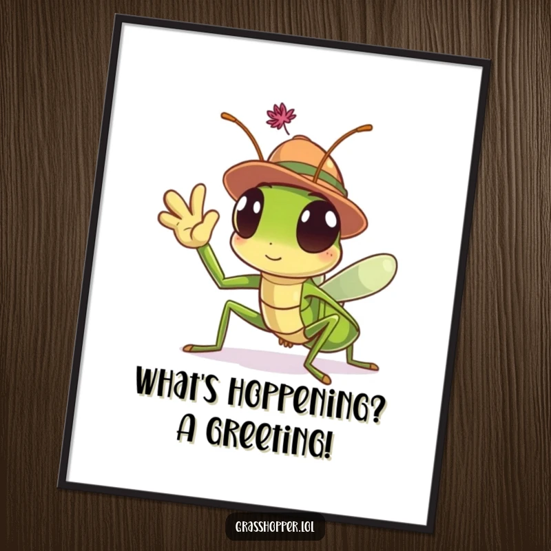 Funny Free Printable Wall Art: A cheerful grasshopper adorned with a small hat waves its appendage in a friendly gesture.
