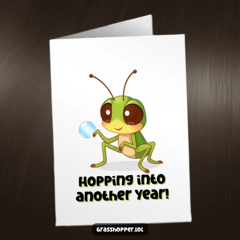 Funny Free Printable Birthday Card: Grasshopper with huge, curious eyes intently examining a sparkling dewdrop.
