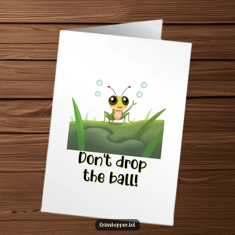 Funny Free Printable Grasshopper Birthday Card: A grasshopper with huge, surprised eyes attempts to juggle small, glistening dewdrops.