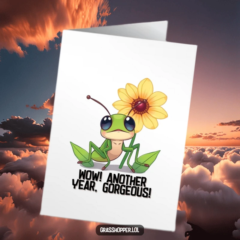 Funny Free Printable Birthday Card: Grasshopper with wide eyes looking up in awe at a magnificent flower. Nature's beauty.