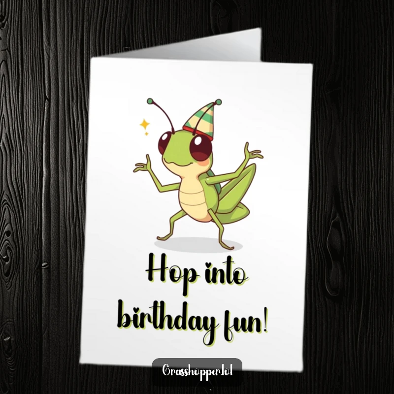 Funny free printable birthday card: A kawaii grasshopper wearing a tiny hat joyfully dances, celebrating a special occasion.