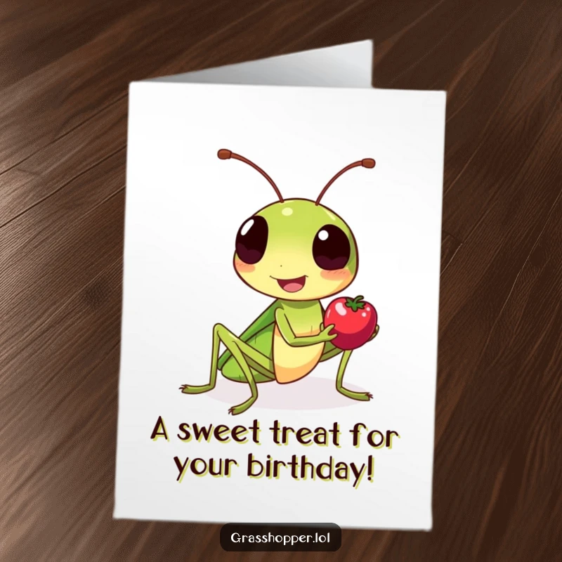 Funny Free Printable Birthday Card: Friendly grasshopper smiling and offering a tiny berry. Sweet birthday greeting.