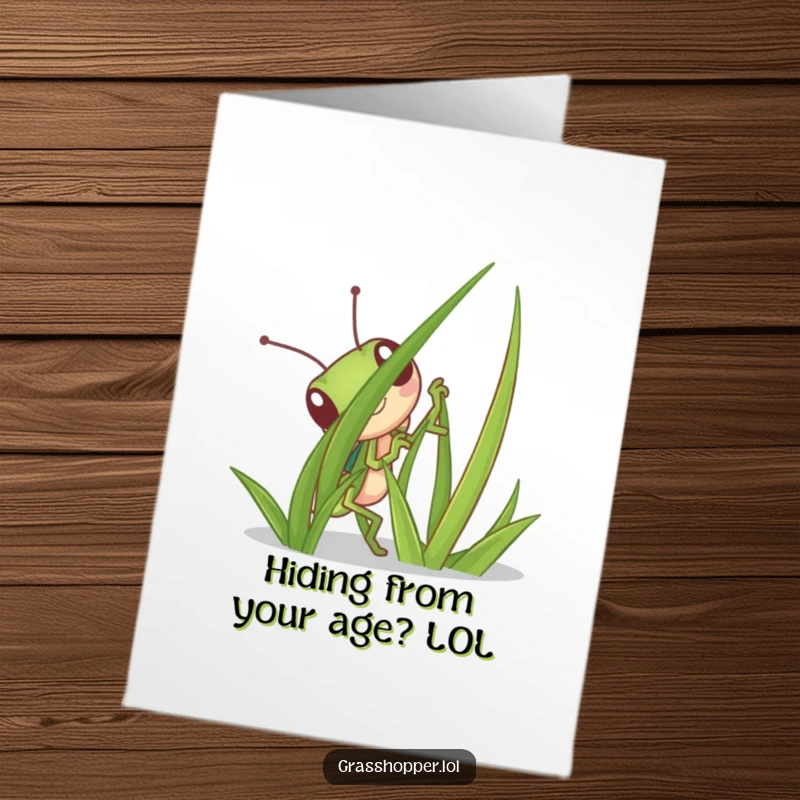 Funny free printable birthday card featuring a mischievous grasshopper peeking from behind a large blade of grass, ready to surprise.